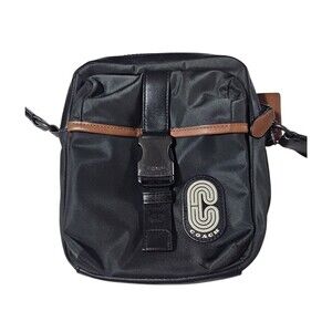 Coach Max Crossbody Bag Black Nylon Tan Leather Trim Phone Bag